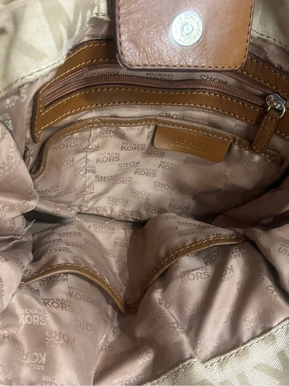 Michael Kors Signature MK Logo Large Tote Shoulder Bag – Beige/Brown